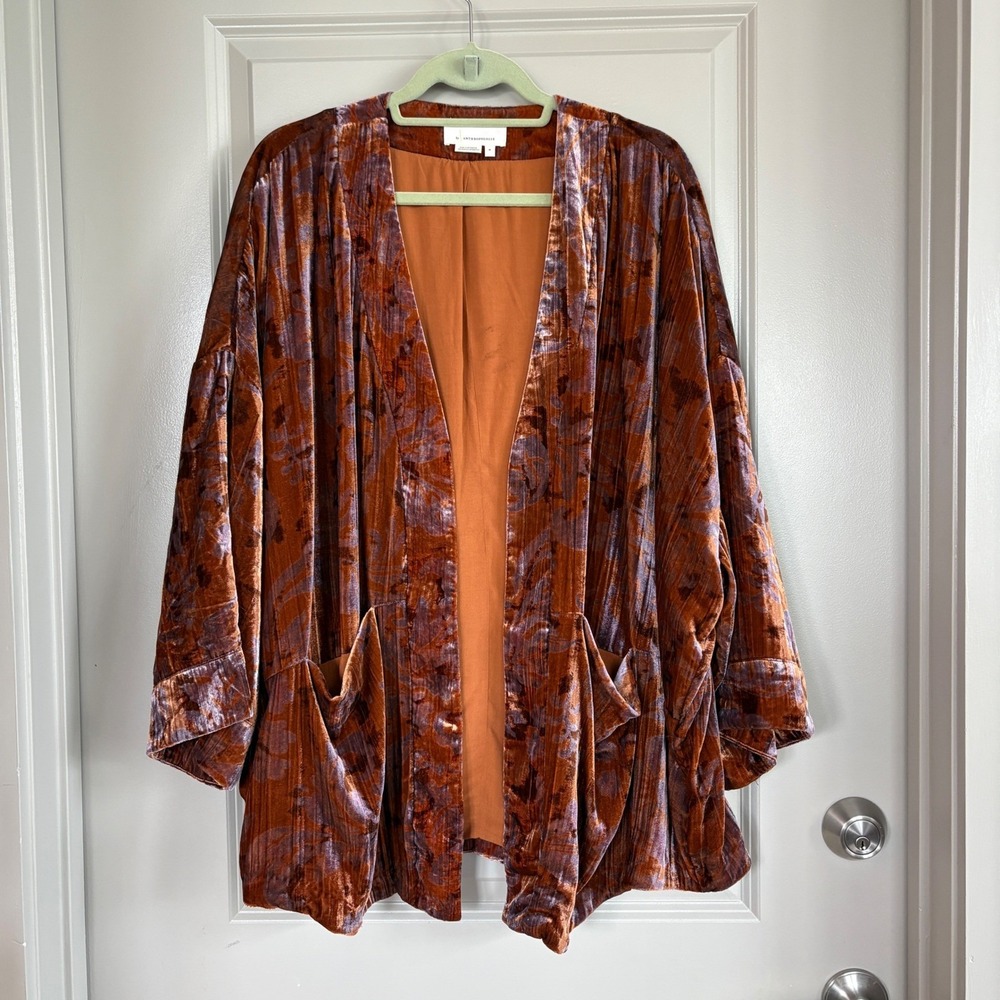 By Anthropologie Burnout Velvet Kimono Jacket Copper Purple Medium